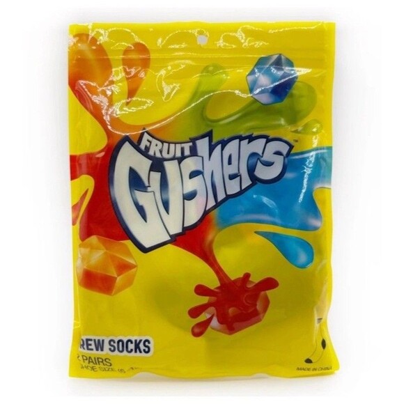 Gushers Fruit Snacks Crew Socks 2 Pairs Size 6-12 Unisex Blue Yellow Novelty New - Picture 1 of 5